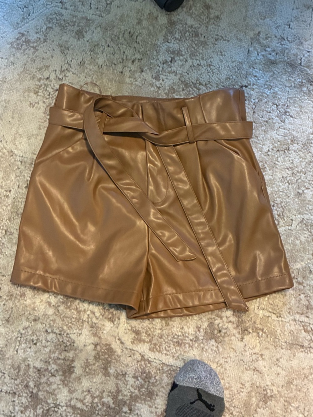 Altar'd State Faux Leather High-Waist Paperbag Shorts in Camel